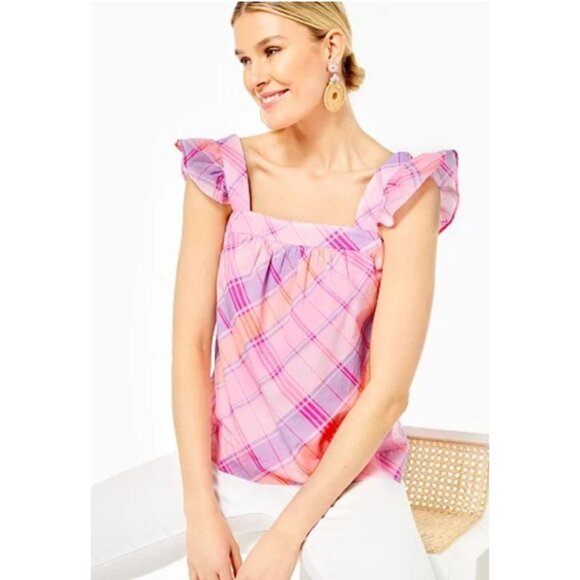 Lilly Pulitzer Reyna Ruffle Top Madras Plaid Pink Size XXS NEW - Picture 6 of 6